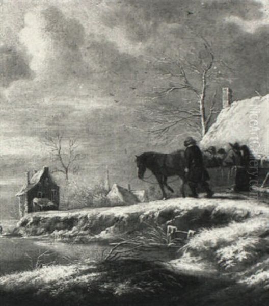 A Winter Landscape With A Horse Sledge Oil Painting by Nicolaes Molenaer