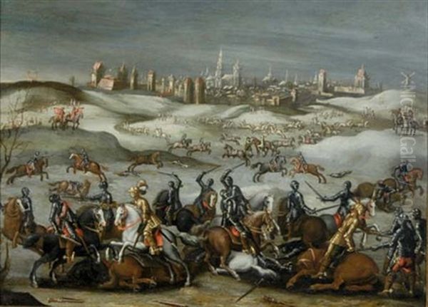 A Battle Skirmish With A Town Beyond Oil Painting by Pieter Molenaer