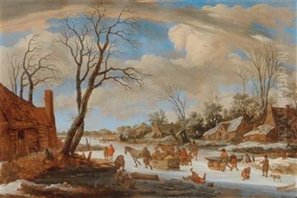 A Winter Landscape With Travellers And Other Figures On Ice Oil Painting by Pieter De Molijn