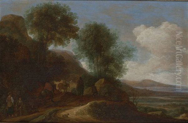 A Wooded Landscape With Travellers On A Path Oil Painting by Pieter De Molijn