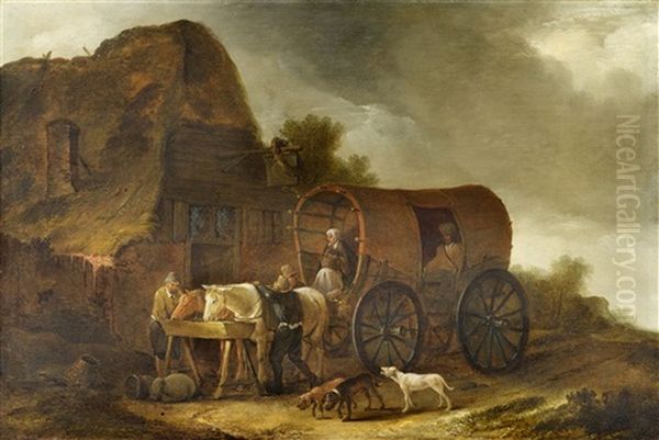 Travellers Resting By Their Coach Oil Painting by Pieter De Molijn