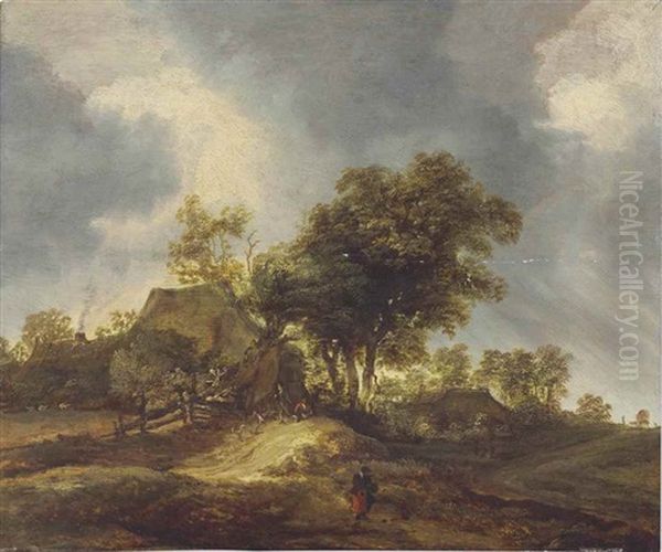 A Wooded Landscape With Dunes And Figures By A Cottage Oil Painting by Pieter De Molijn