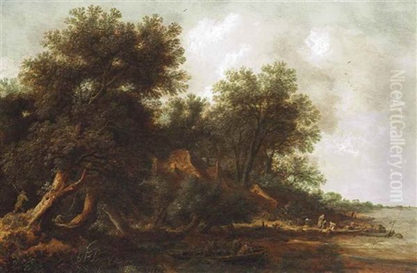 A Wooded River Landscape With Fishermen On Boats And Other Figures Oil Painting by Pieter De Molijn