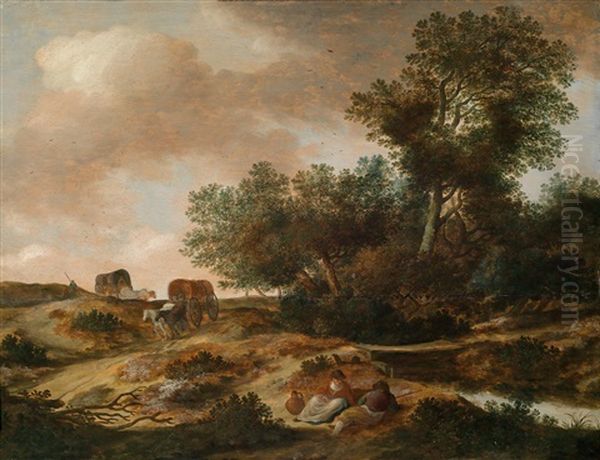 Rastende Bauern An Einem Fluss Und Bauern, Die Vom Markt Zuruckkehren, In Einer Bewaldeten Landschaft Oil Painting by Pieter De Molijn