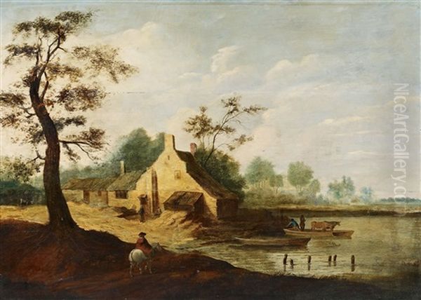 Hollandische Flusslandschaft Mit Gehoft Am Ufer Oil Painting by Pieter De Molijn