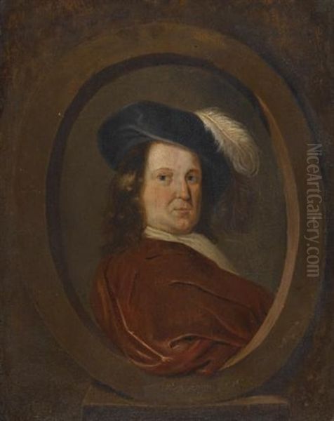 Self Portrait, Head And Shoulders, Set In A Stone Cartouche Oil Painting by Pieter De Molijn