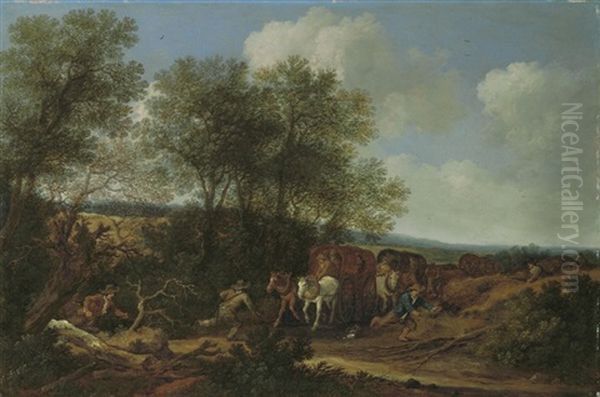 Brigands Attacking A Caravan In A Dune Landscape Oil Painting by Pieter De Molijn