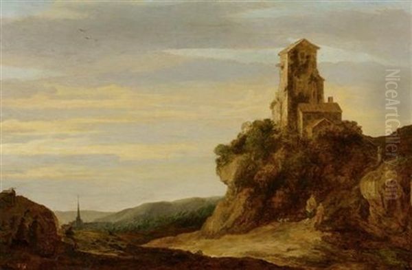 Hugellandschaft Mit Wanderern Am Fusse Einer Burgruine Oil Painting by Pieter De Molijn