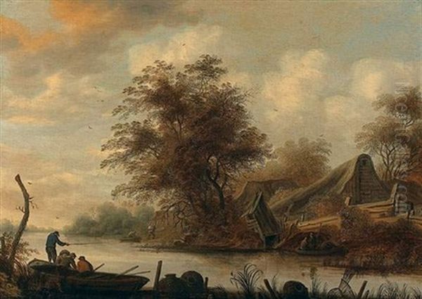 Paysage A La Riviere Avec Sur La Droite Une Chaumiere Et Sur La Gauche Des Personnages En Barque Oil Painting by Pieter De Molijn