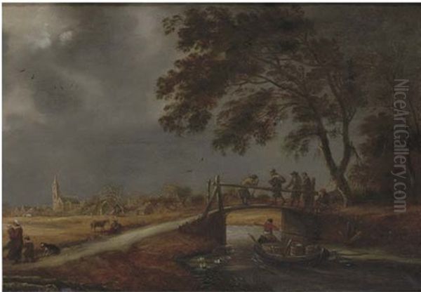 A Stormy Landscape With Travellers On A Bridge, A Boat Passing By And A Woman With Children On A Path, A Village Beyond Oil Painting by Pieter De Molijn