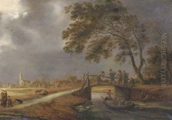 A Stormy Landscape With Travellers On A Bridge, A Boat Passing By And A Woman With Children On A Path, A Village Beyond Oil Painting by Pieter De Molijn