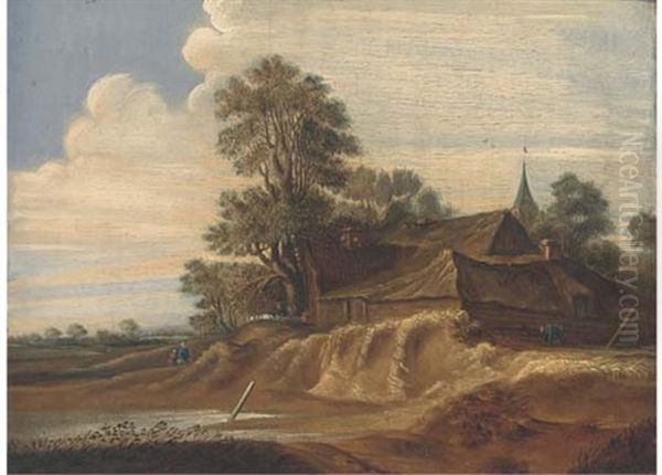 A Landscape With A Farm And Farmhands (+ A Riverside Town With Fishermen In A Boat And Windmill Beyond; Pair) Oil Painting by Pieter De Molijn