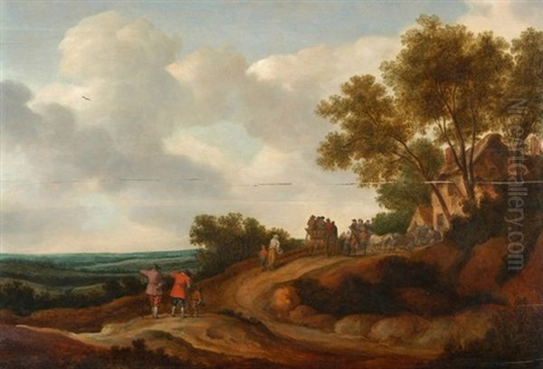 Anhohe In Weiter Landschaft Mit Haus, Pferdefuhrwerken Und Figurengruppe Oil Painting by Pieter De Molijn