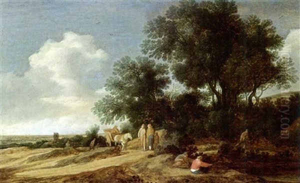 An Extensive Dune Landscape With Travellers And Horse-drawn Wagon On A Path, With A Village In The Background Oil Painting by Pieter De Molijn