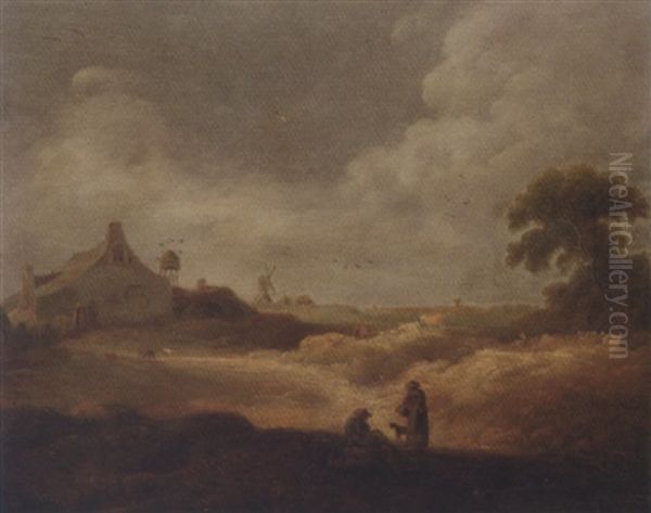 An Extensive Landscape With Peasants Conversing In The Foreground, A Farmhouse And Windmills Beyond Oil Painting by Pieter De Molijn