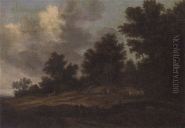 A Wooded Landscape With Peasants On A Path And Herdsman With Their Cattle Oil Painting by Pieter De Molijn