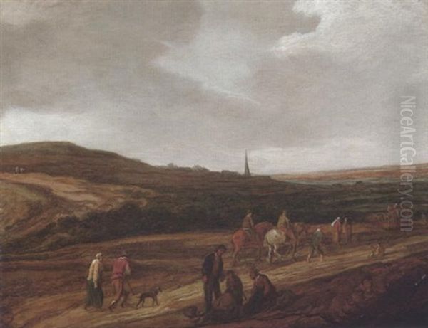 Reisende In Einer Dunenlandschaft Mit Einem Turm Im Hintergrund Oil Painting by Pieter De Molijn