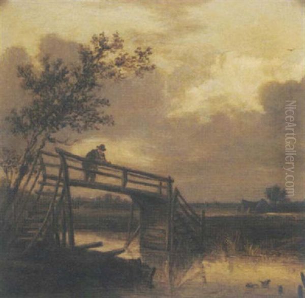 A River Landscape With A Peasant On A Timber Bridge Oil Painting by Pieter De Molijn