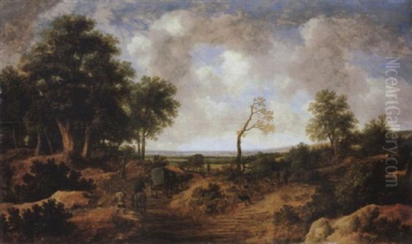 A Wooded Landscape With Travellers In Wagons On A Road Oil Painting by Pieter De Molijn