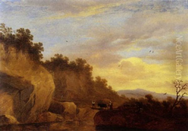 An Italianate Landscape With Herdsmen And A Cow Crossing A Bridge Oil Painting by Pieter De Molijn