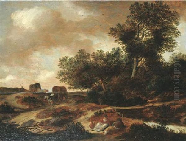 A Wooded Landscape With Peasants Resting By A River, Others Returning From Market Nearby by Pieter De Molijn