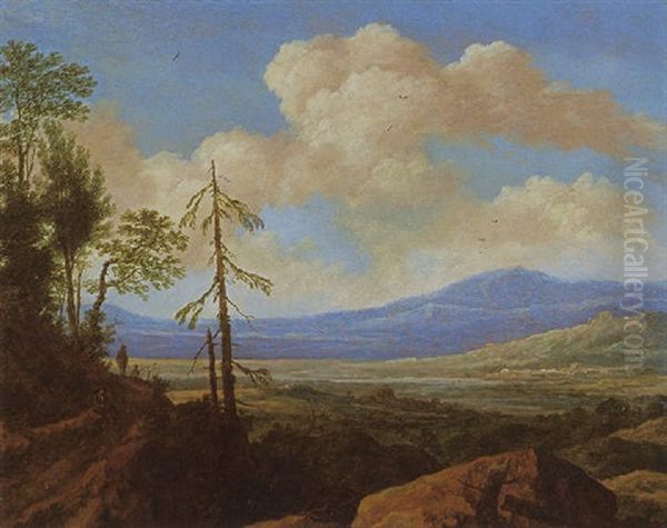 A Panoramic Hilly Landscape With A Traveller Resting On A Path Near Trees, A Valley With A Town And Mountains Beyond Oil Painting by Pieter De Molijn