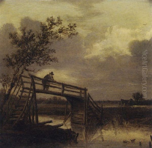 A River Landscape With A Peasant On A Timber Bridge Oil Painting by Pieter De Molijn