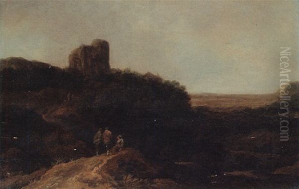 A Landscape With Peasants Resting On A Knoll, A Tower Beyond Oil Painting by Pieter De Molijn