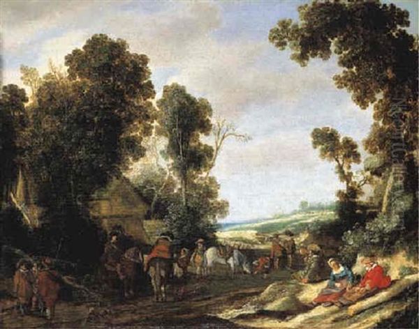 A Wooded Landscape With Cavaliers On A Road, A Cottage Beyond Oil Painting by Pieter De Molijn