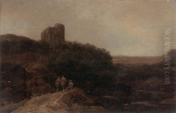 A Landscape With Peasants Resting On A Knoll, A Tower Beyond Oil Painting by Pieter De Molijn