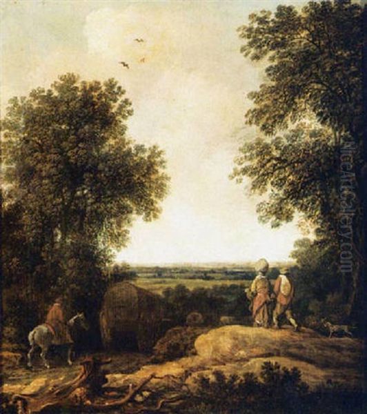 A Wooded Landscape With Horse Drawn Carriages And Travellers Oil Painting by Pieter De Molijn