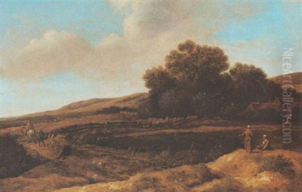 A Dune Landscape With A Horseman On A Path And Women Resting In The Foreground Oil Painting by Pieter De Molijn