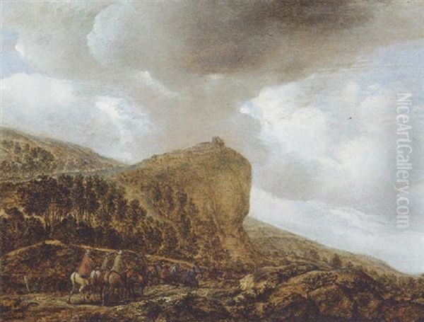 Travellers On A Path By A Cliff In A Landscape Oil Painting by Pieter De Molijn