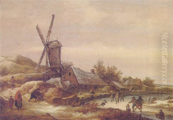 A Winter Landscape With Skaters On A Frozen River By A Small Village With A Windmill Oil Painting by Pieter De Molijn