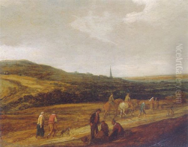 Travellers In The Dunes, A Town In The Distance Oil Painting by Pieter De Molijn