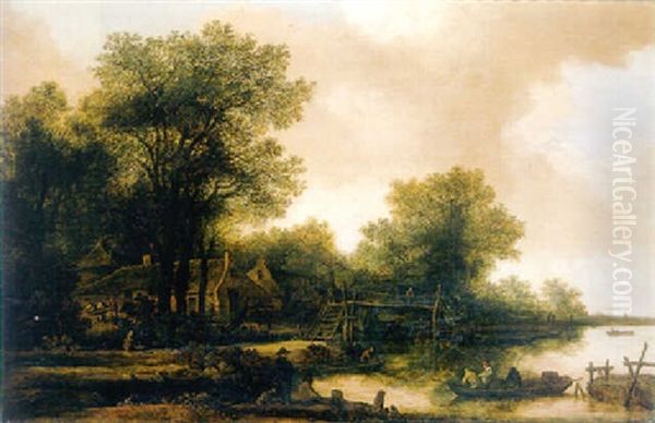 A Hamlet In A Wood By A River With Fishermen In A Rowing Boat By A Footbridge Oil Painting by Pieter De Molijn