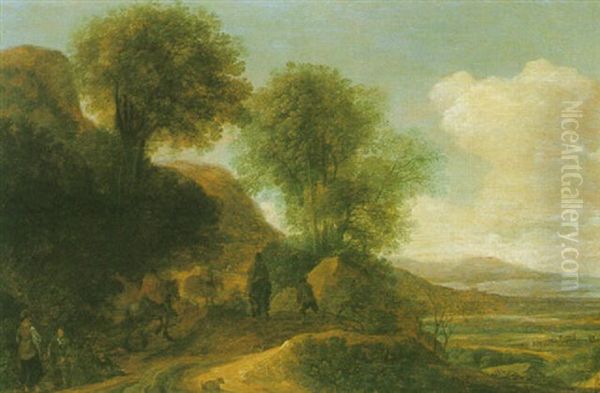 A Wooded Landscape With Travellers On A Path Oil Painting by Pieter De Molijn