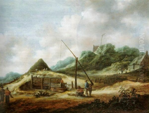 A Fisherman's Family At Work By A Well In The Dunes Oil Painting by Pieter De Molijn