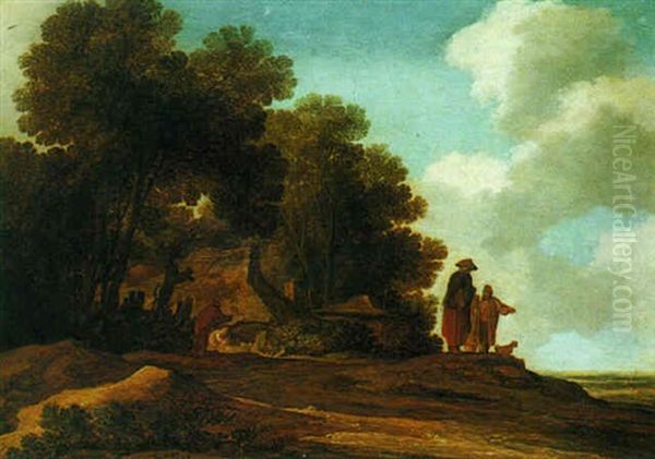 Wooded Landscape With Figures Conversing Beside A Cottage Oil Painting by Pieter De Molijn