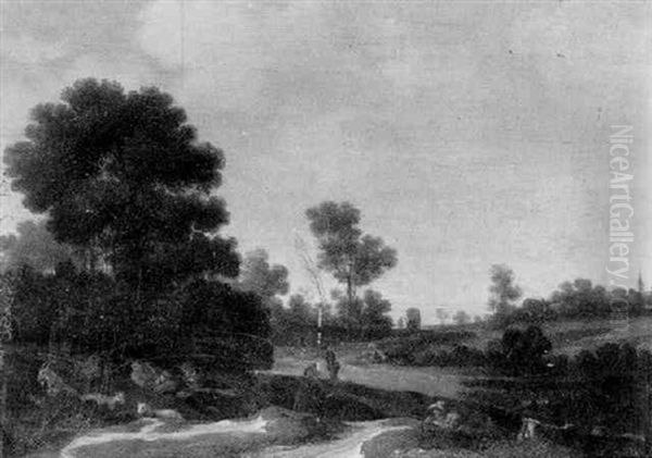 Shepherds, Sheep And Goats In A Wooded Landscape, A Horse-drawn Wagon In The Distance Oil Painting by Pieter De Molijn