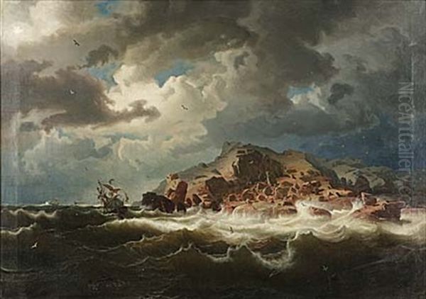 Skutor Pa Stormande Hav Vid Klippig Kust (after Marcus Larsson) Oil Painting by Johann Peter Molin