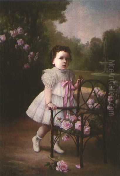 Portrait Of A Young Girl In A Bed Of Roses Oil Painting by Andres Molinary