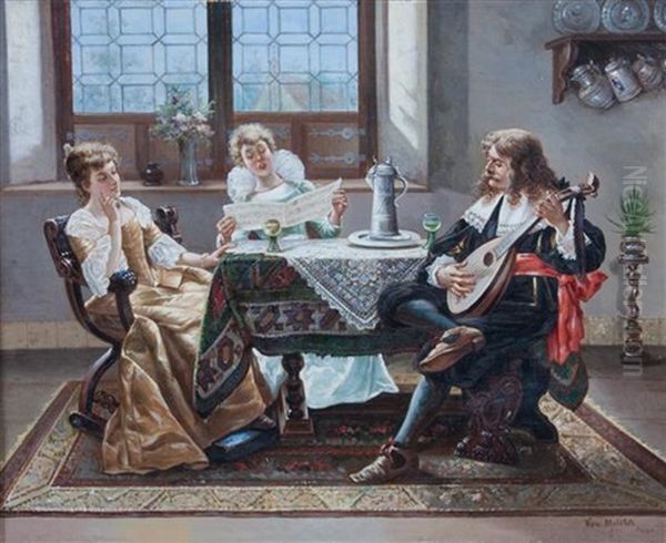 A Musical Interlude Oil Painting by Josef Johann Molitor von Muehlfeld