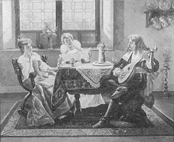 Interior Genre Scene, Figures Sitting At Table, Gentleman Playing Mandolin, Women Singing Oil Painting by Josef Johann Molitor von Muehlfeld