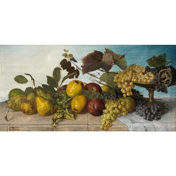 Poires, Pommes Et Raisins Sur Un Entablement Oil Painting by Franz Molitor