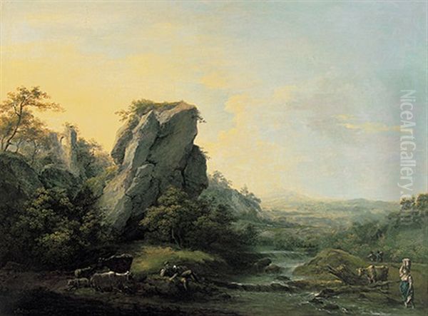 Arkadische Landschaft Mit Flusslauf Und Katarakt Und Ruhender Herde Im Schatten Oil Painting by Martin von Molitor