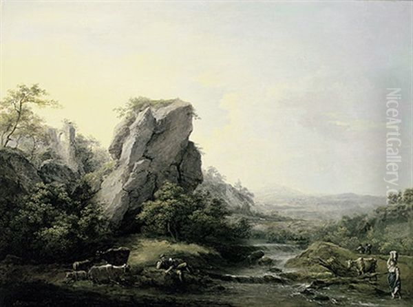 Arkadische Landschaft Mit Flusslauf Und Katarakt. Ruhende Herde Mit Einem Hirten Im Schatten Oil Painting by Martin von Molitor