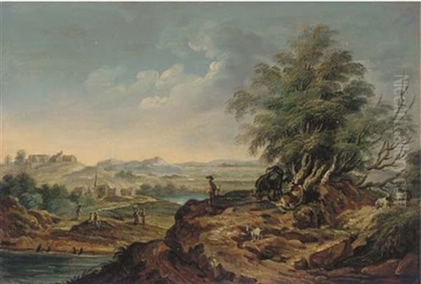 An Extensive River Landscape With A Large Tree, A Shepherd, Two Cows And Goats In The Foreground, A Village In The Background Oil Painting by Martin von Molitor