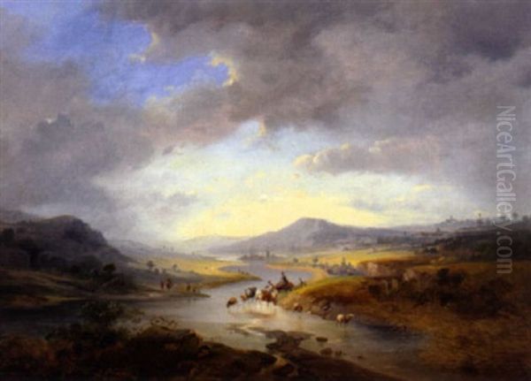 Weite Fluslandschaft Mit Hirten Und Herde Oil Painting by Martin von Molitor