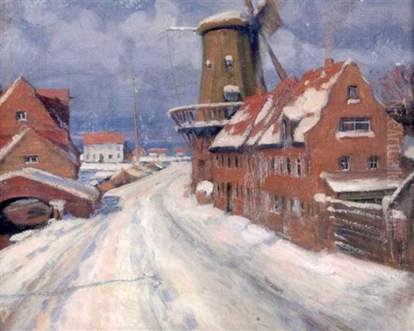 Windmuhle An Der Verschneiten Hafenmole Oil Painting by Mathieu Molitor